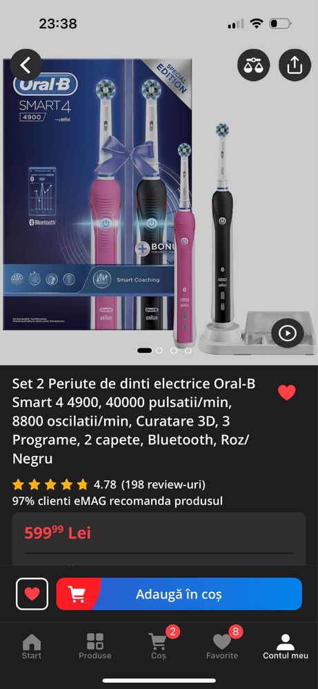 Set 2 periute de dinti electrice Oral B , Smart 4 4900 , 40000pulsatii