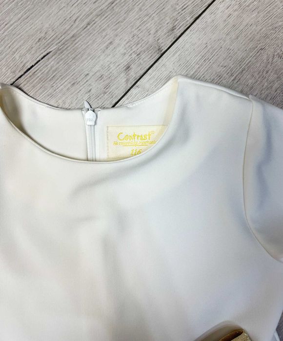 Официална детска рокля с тюл и златна пандела, бяла - размер 116 см