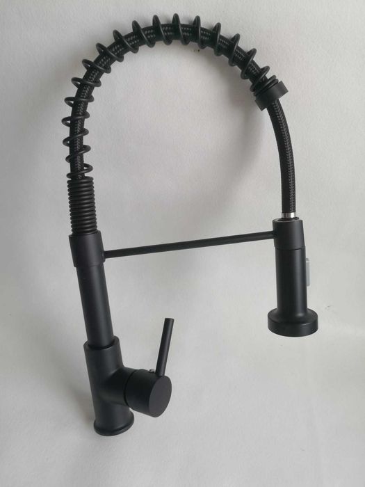 Baterie de bucatarie, cu dus flexibil, 2 functii de curgere, negru mat