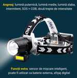 Lanterna de cap cu LED LASER cu 3 acumulatori, senzor miscare si ZOOM