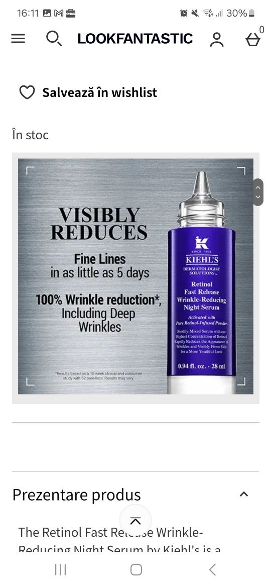 Ser Reducere Riduri Retinol Fast Release Wrinkle-Reducing Serum Kiehls