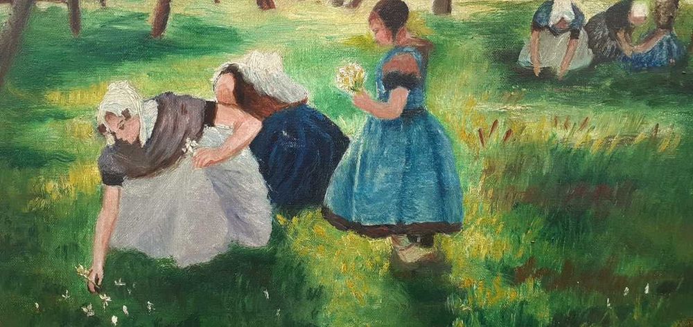 Tablou vechi - la cules de flori - nesemnat