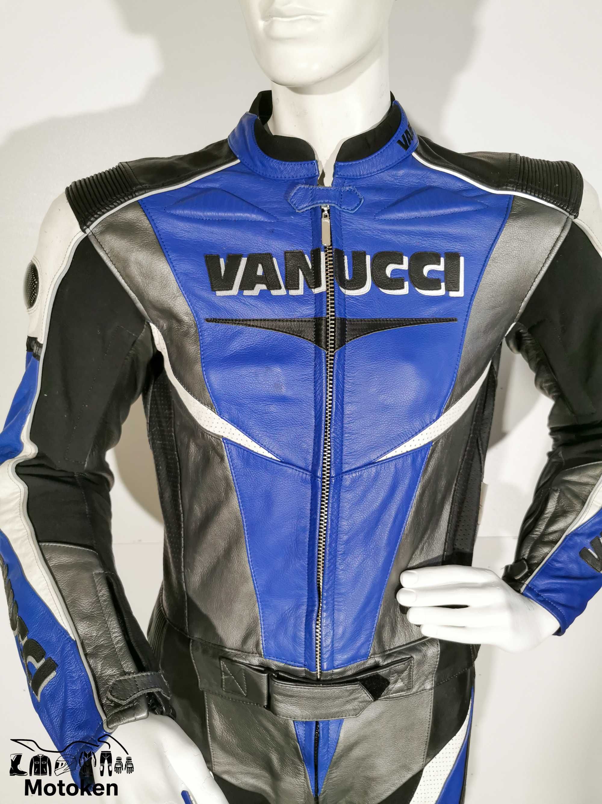 Costum Vanucci moto piele albastru, gri, alb, negru mărime 52
