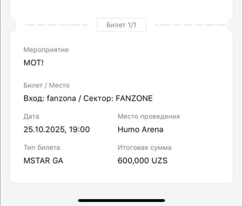 Билет на концерт МОТА в субботу