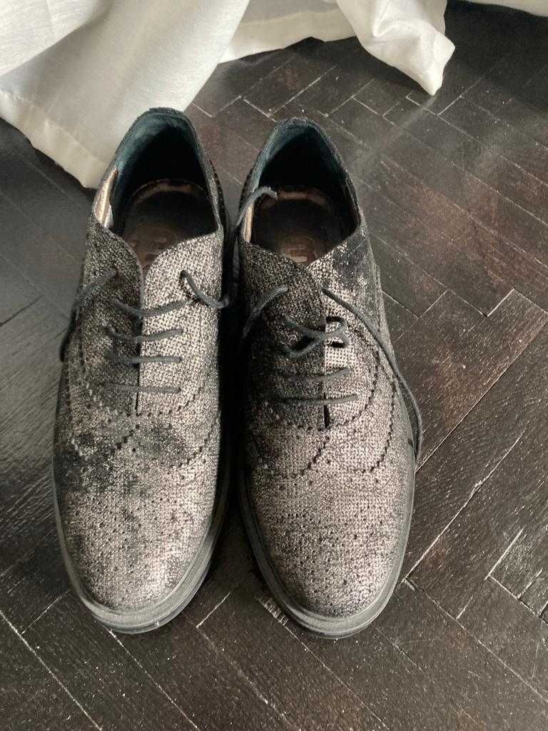 Pantofi tip Oxford, cu siret, din piele negru cu argintiu, 37-38