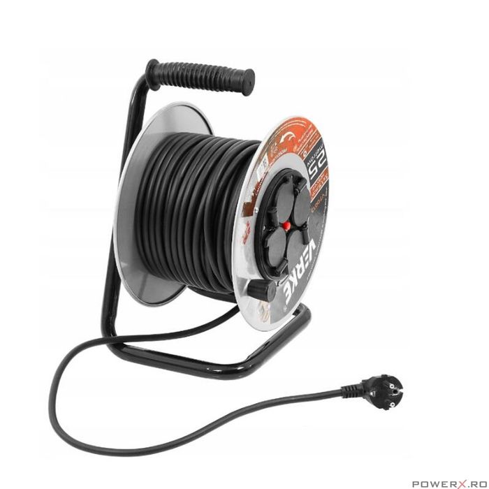 Rola prelungitor cablu negru, cu cadru metalic, 20 metri 3 x 1,5 mm