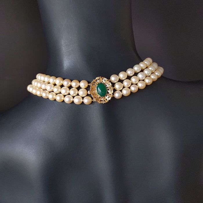 colier 3 rd. perle apa sarata, aur 18k, calcedonie, certif.