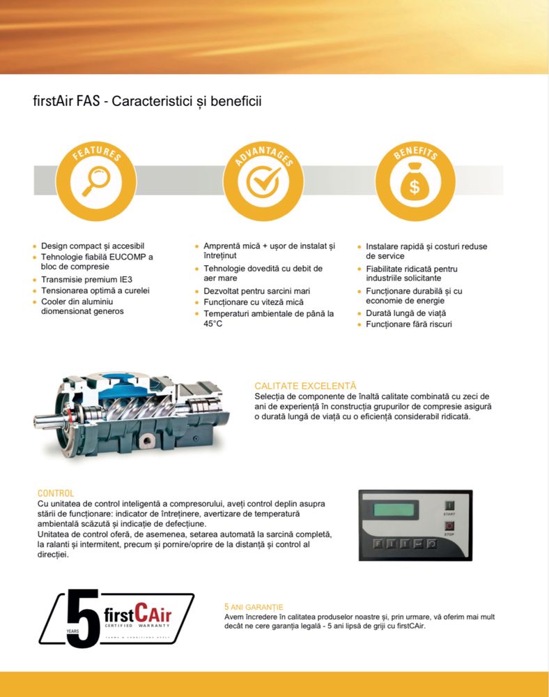 Compresor cu surub First Air 15kw - 10bar Garantie 5 Ani