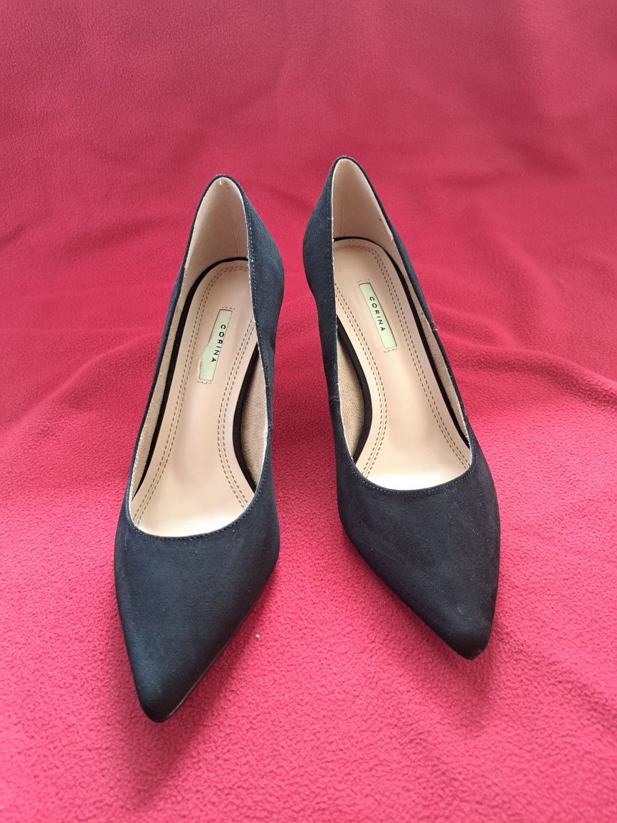 Pantofi noi, negri, nr 39, toc 8cm, imitație piele intoarsa