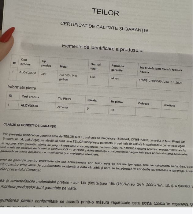 Colier tennis Teilor aur galben 14 k: 6.54 gramaj total