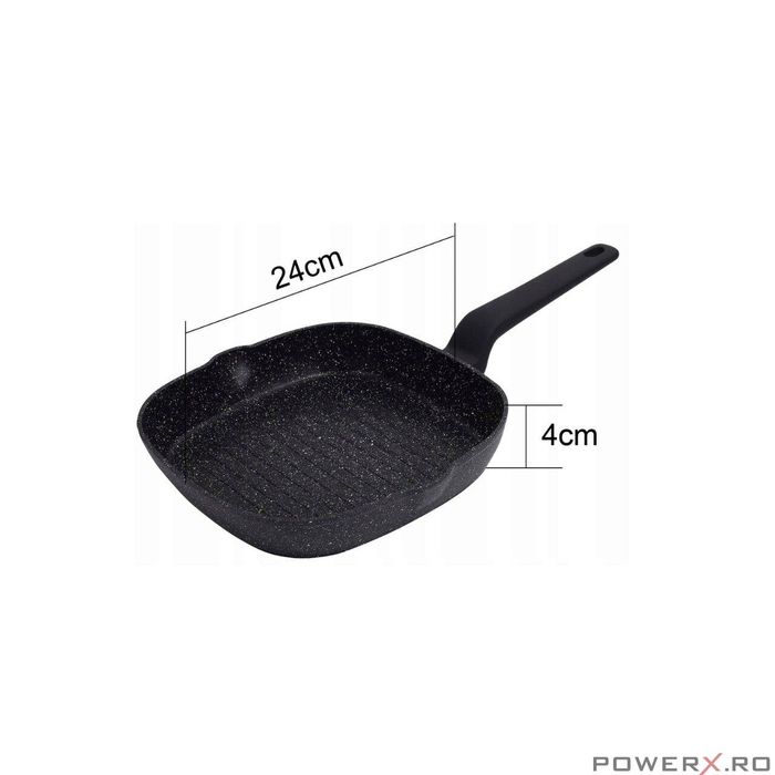 Tigaie tip grill, din aluminiu turnat, marmorata, neagra, 24cm,