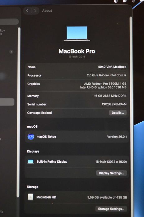 MacBook Pro 16-inch, i7 2,6GHz, 16GB RAM, 512GB SSD (2019)