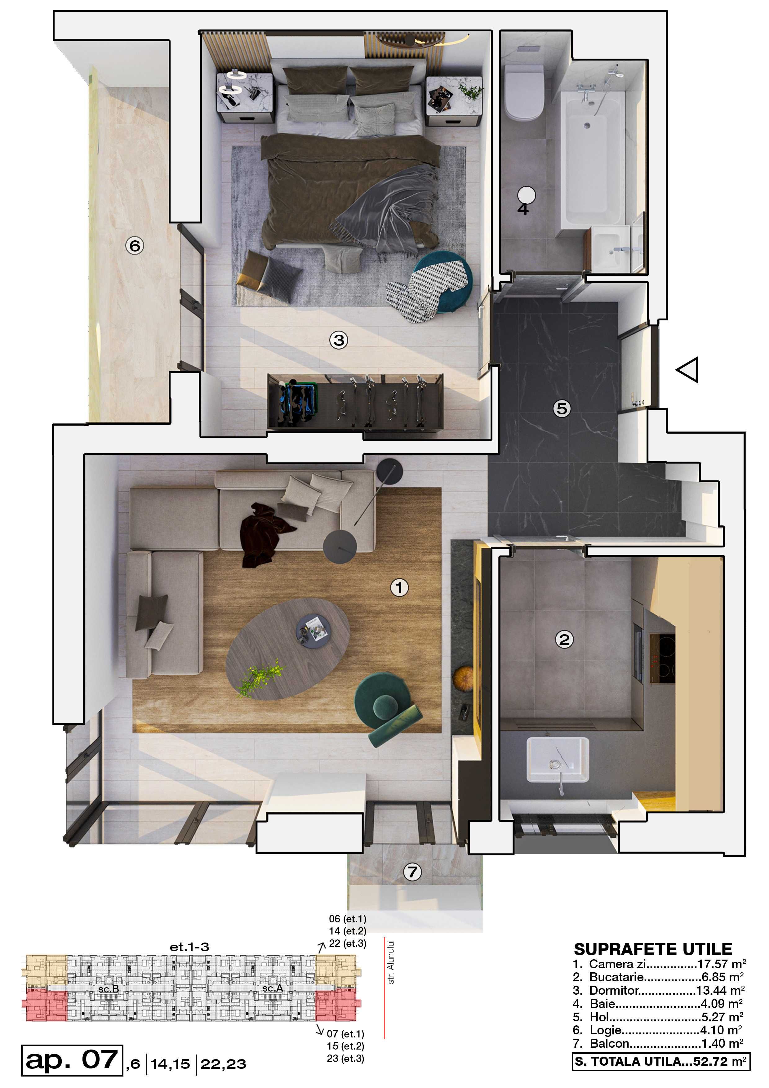 Apartament 2 camere cu incalzire in pardoseala, strada Alunului