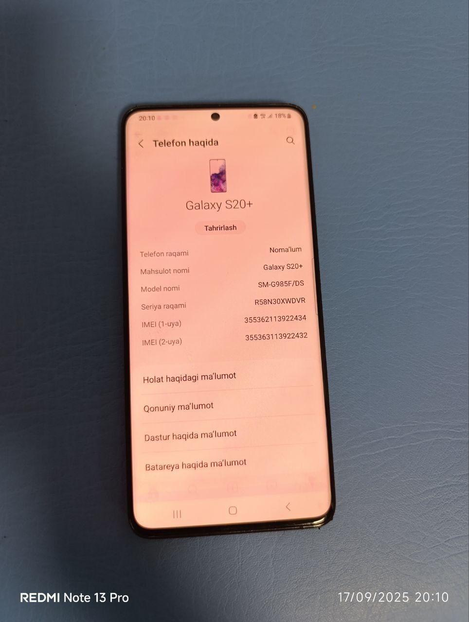 Samsung S20 plus holat ajoyib