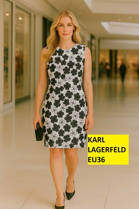 Karl Lagerfeld Paris бяла рокля с черна флорална дантела US 6 / EU 36