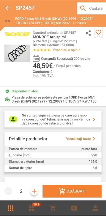 Arcuri punte Fața  FORD Focus Mk1 motor 1,8 tdci an 2004 marca MONROE