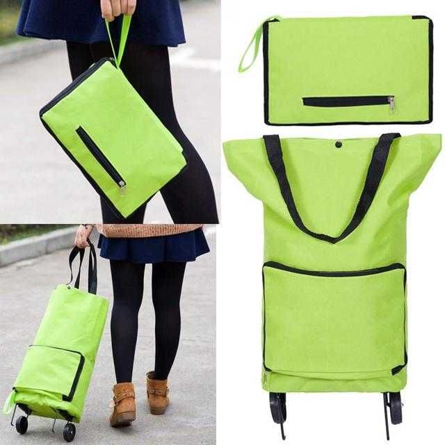Складная сумка для покупок на колесиках зеленая