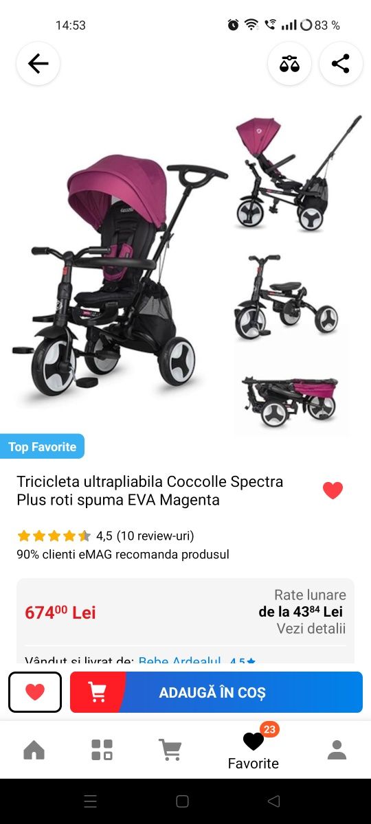 Tricicletă Coccolle Spectra Ultrapliabilă + Moto Cadou