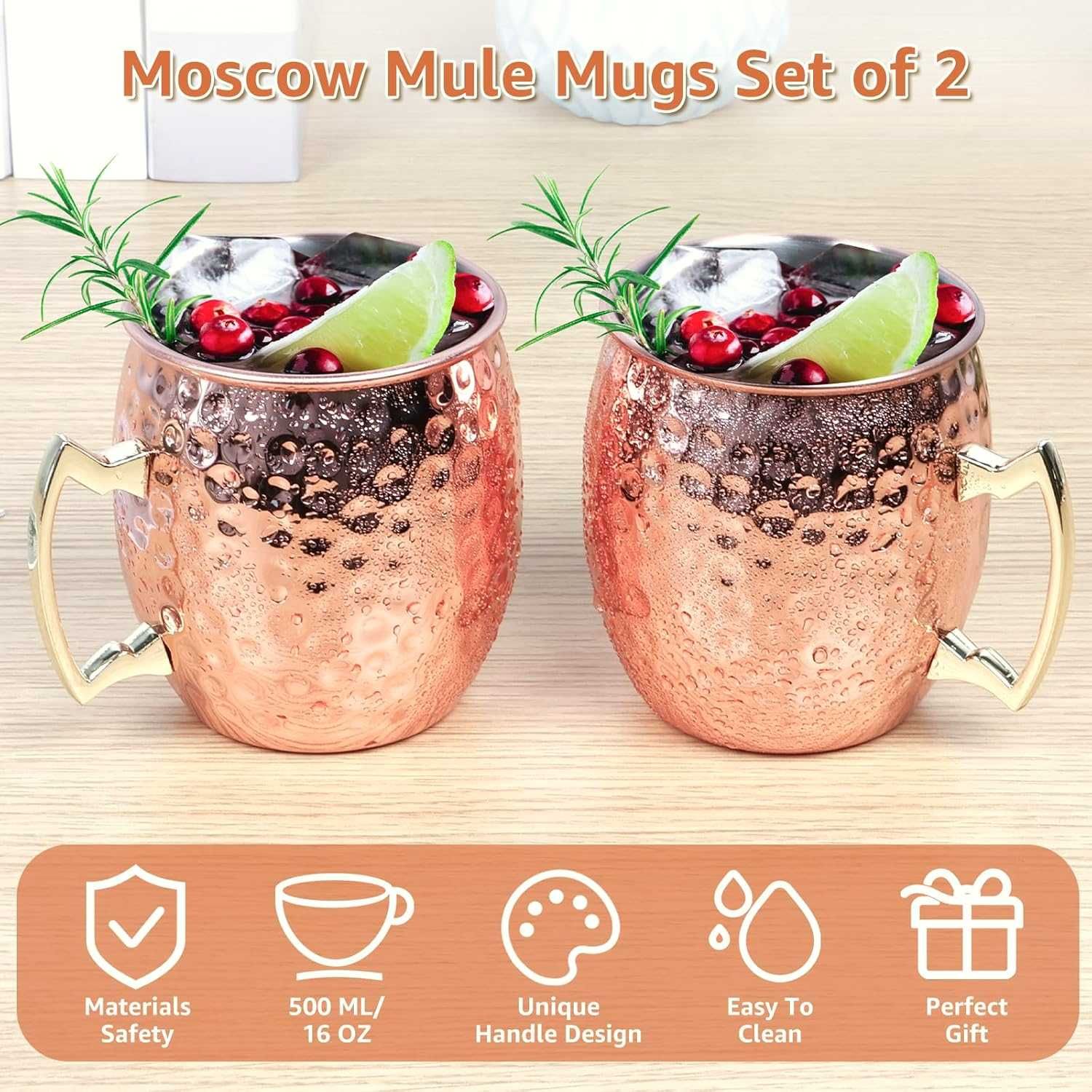 Нови медни чаши с дръжки, 100% чист мед, Moscow Mule, 2 броя в цената!