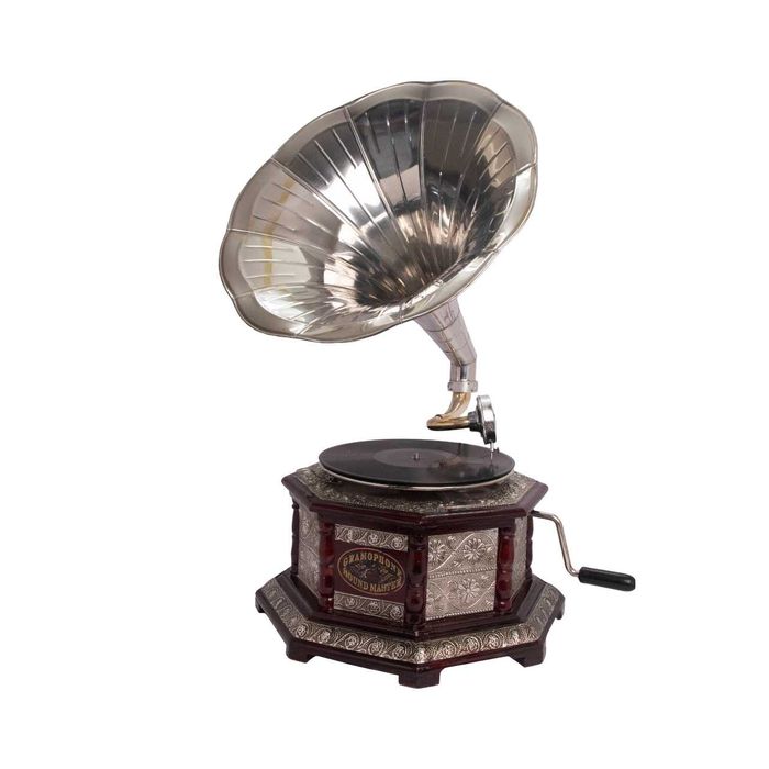 Gramofon din lemn masiv cu pâlnie argintie, H 67 cm, cadou ideal