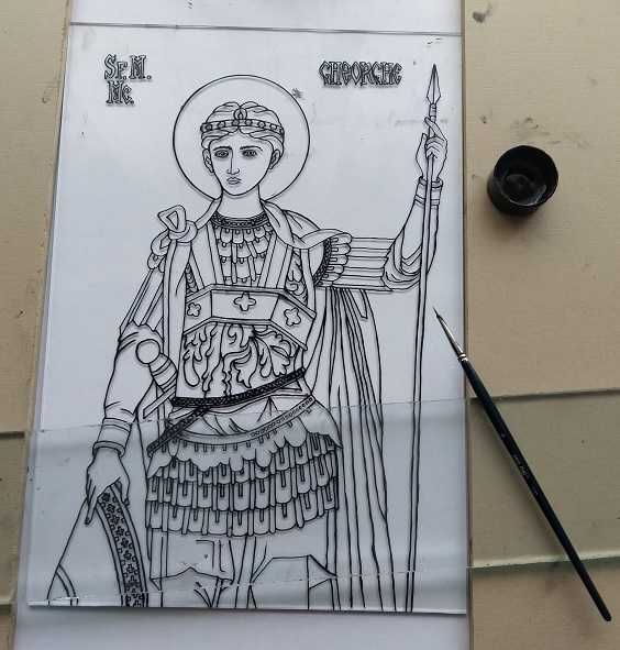 Icoană pe sticlă - Pictură cu vopsea în ulei