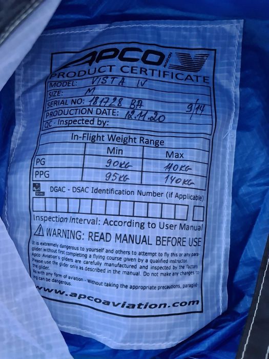 Parapanta apco vista 4 pentru paranotor si zbor liber - exceptională