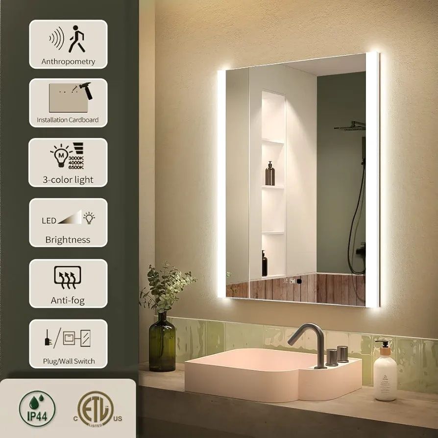 LED огледало за баня 80×60 см с обезпотител, за грим