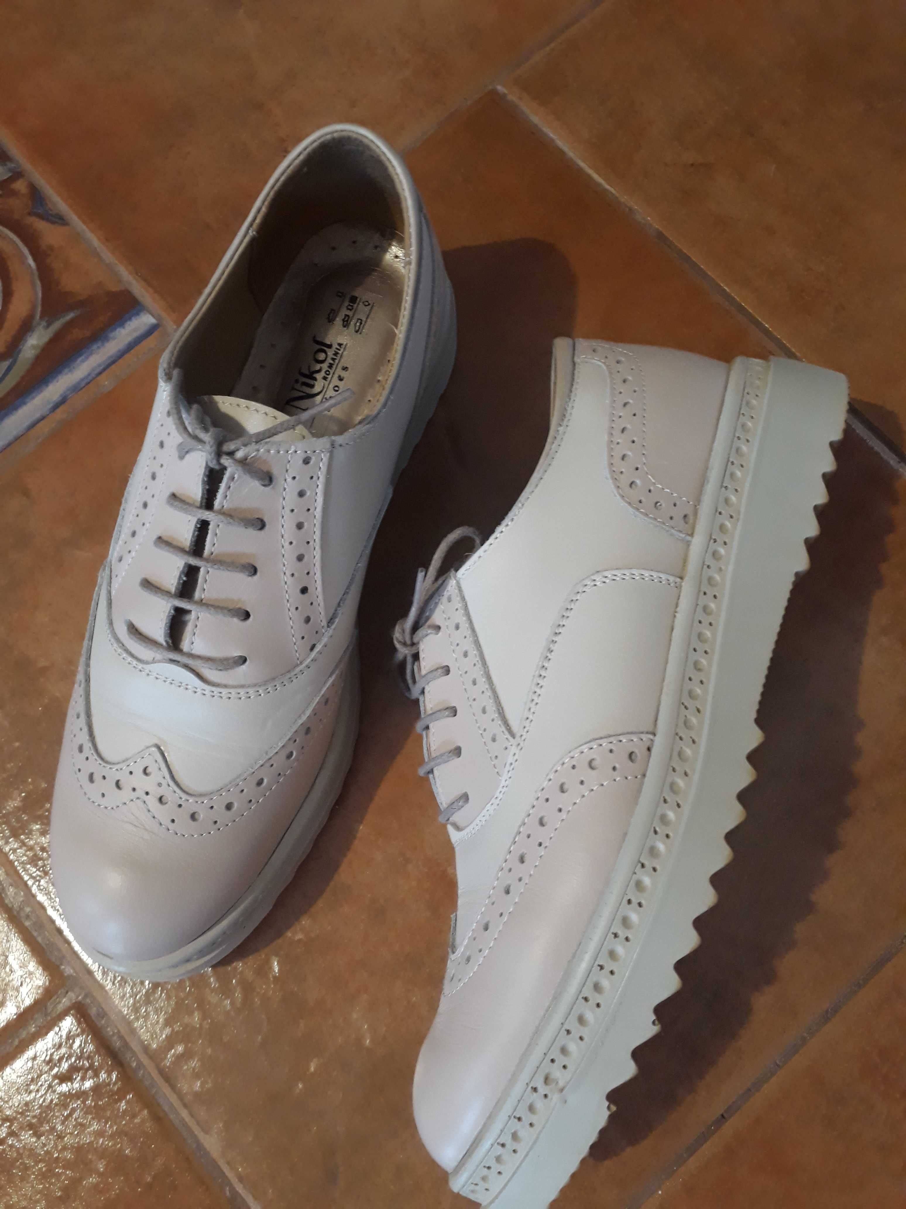 Pantofi piele naturala cu siret bej 36.Noi