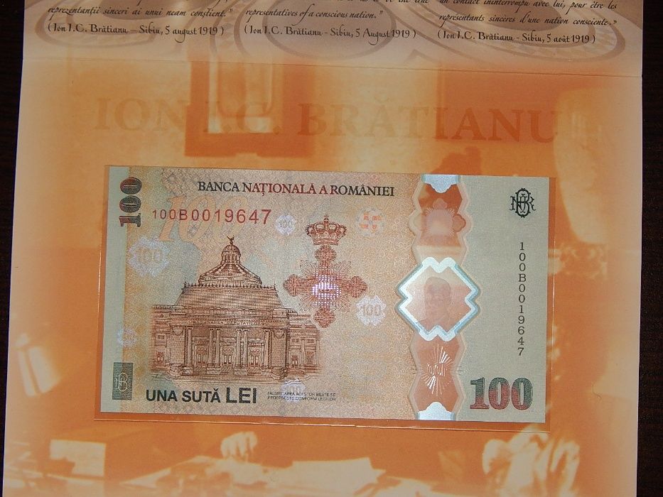 2 Bancnote 100 lei 2019 - Desăvârșirea Marii Uniri - Ion I.C. Brătianu