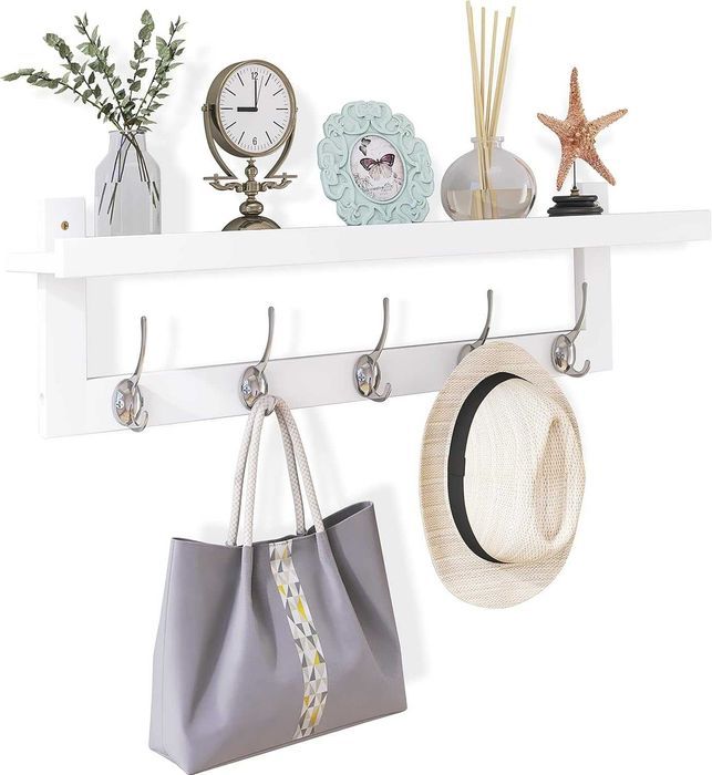 Cuier perete SMIBUY, 74 cm, cu 5 carlige duble si polita, alb