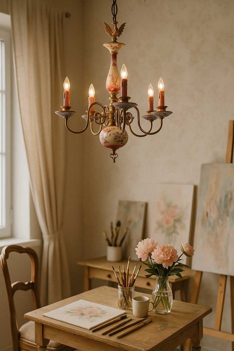 Порцеланов полилей с флорална декорация и месингови елементи