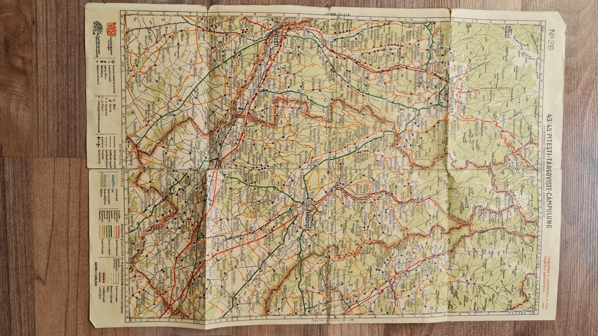 Hartă 1929 zona Pitești - Târgoviște - Câmpulung ... litografie