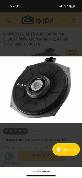 Subwoofer auto audison prima dedicat bmw ,4Ohm, 150 rms. Set de doua