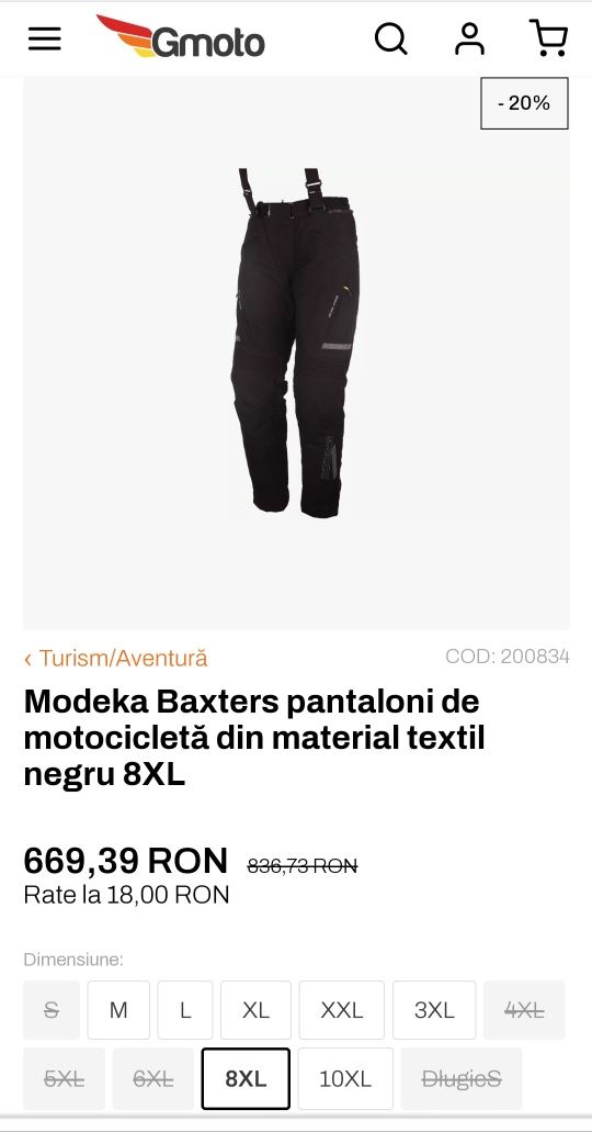 Pantaloni moto Modeka Baxters, textil cu bretele, peotectii soft, 8XL