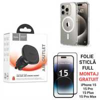 Set - Suport Auto + Husa MagSafe + Folie de Sticla iPhone 15 Pro