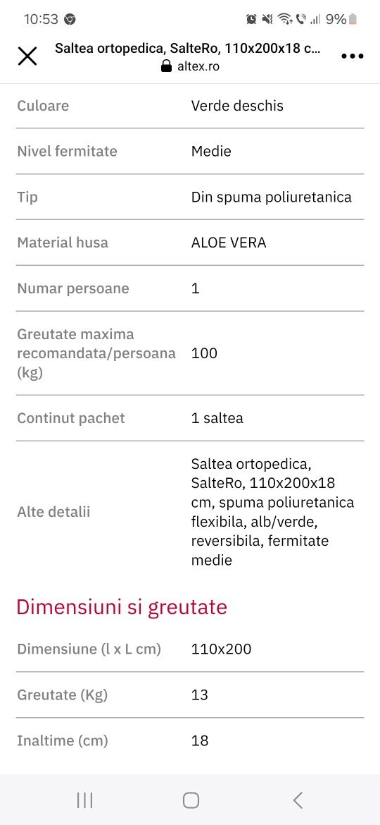 Saltea ortopedica spuma, Aloe Vera, fermitate medie, 110x200x18cm