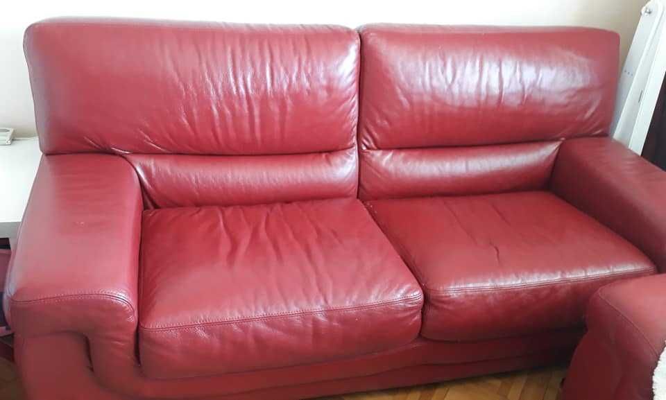 canapea si 2 fotolii din piele si lemn masiv