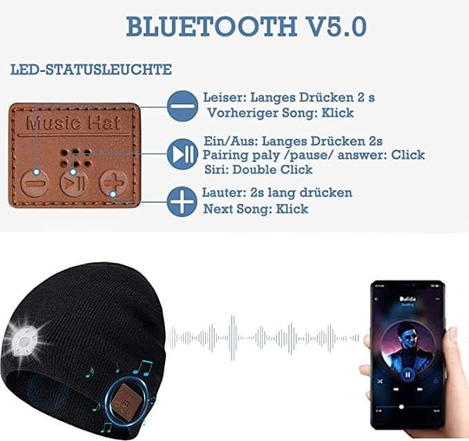 зимна плетена, музикална шапка с Bluetooth 5,0, фенер 5 Led, One Size,