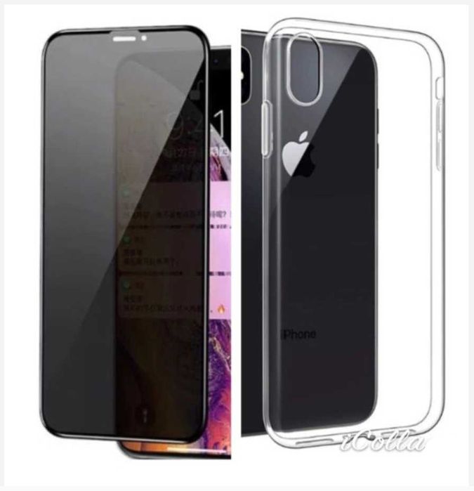 Set Folie Sticla Privacy + Husa Slim iphone XS Max Silicon Transparent