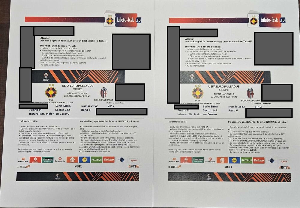 2X Bilet FCSB ..BOLOGNA 23.10.25 VIP2