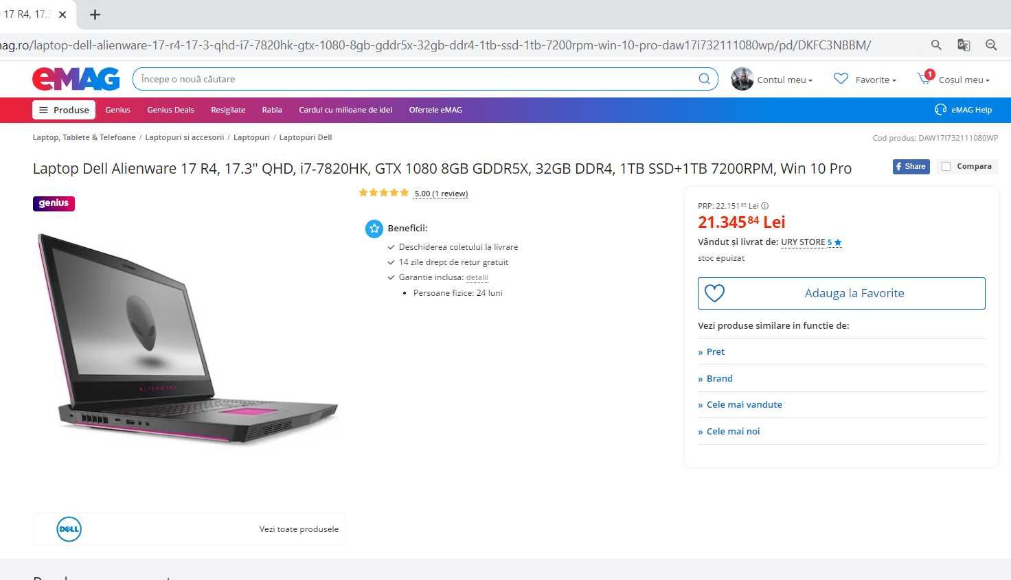 Laptop Alienware 17,3" ,intel core i7, ram 32 gb, video 8 gb GTX 1080