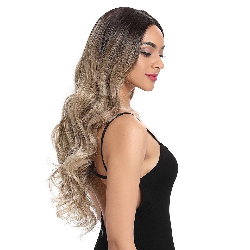 Peruca F19 Front Lace blonda ombre gri blond platinat creata ondulata