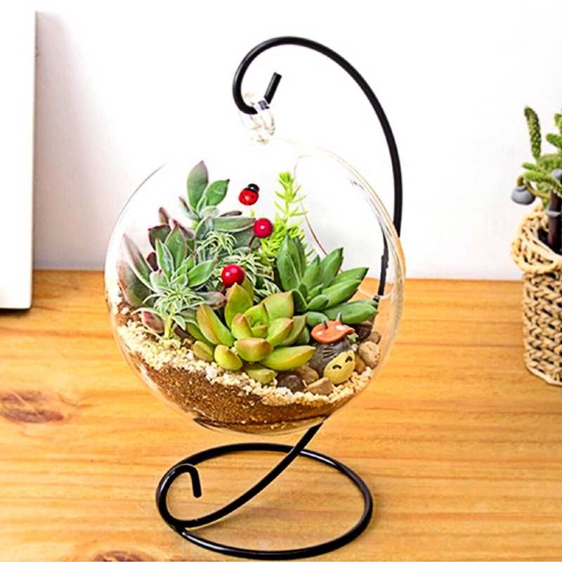 Terariu pentru Plante cu Suport Metalic 20 cm Glob 10 cm Negru