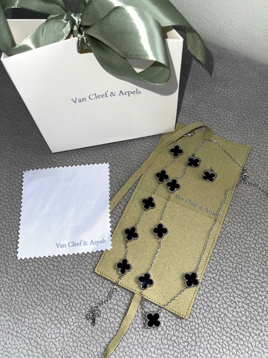 ван клиф сет бижута сребърни с черна детелина комплект van cleef колие