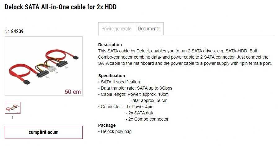 Cablu SATA date + alimentare molex pentru 2 X HDD, DELOCK 84239