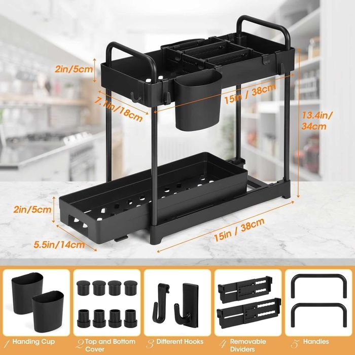 Комплект от 2 бр Органайзер за кухня, с 4 куки и 2 чашки – черен