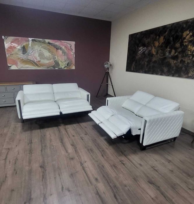 Бял кожен комплект дивани тройка и двойка с релакс механизъм