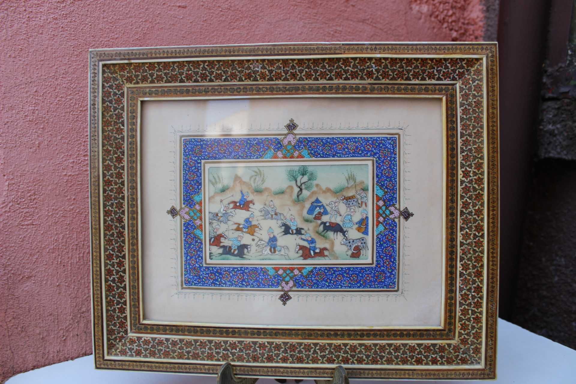 Pictura / tablou PERSIA prima parte secol 20, Vanatoare pe cai