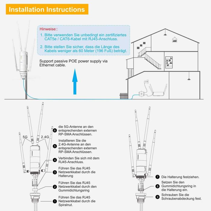 Wavlink AC1200 HD4 Router WiFi Exterior Dual Band 2.4G/5G POE, - NOU -