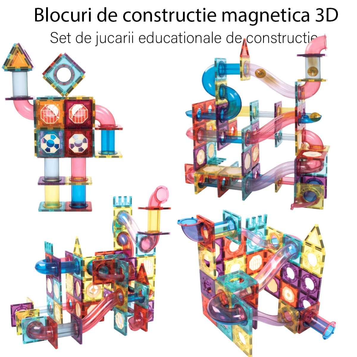 Set de Constructie Magnetic 136 Piese cu Tevi Tiles 3D+ minge colorata